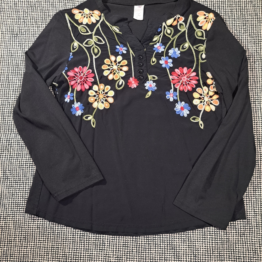 Floral Embroidered Black Women's Top